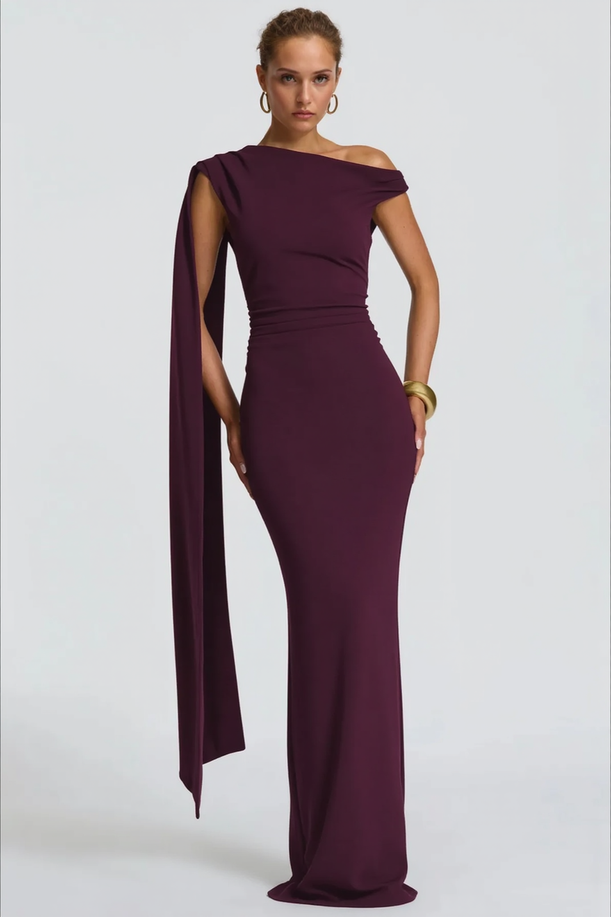 Sexy Asymmetrical Neck Long Sleeve Fitted Ruched High Waist Party Dress