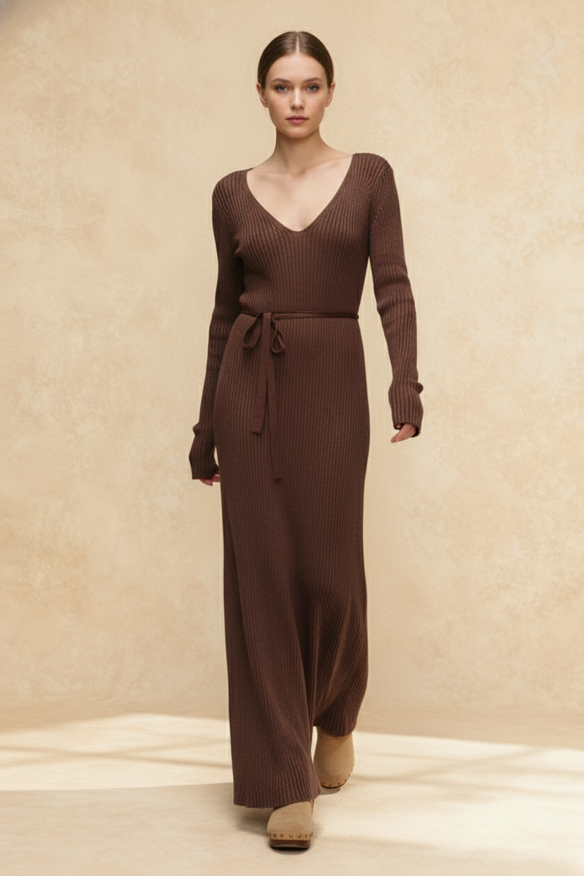 Ribbed Knit V-Neck Long Sleeve Bodycon Midi Sweater Dress 2