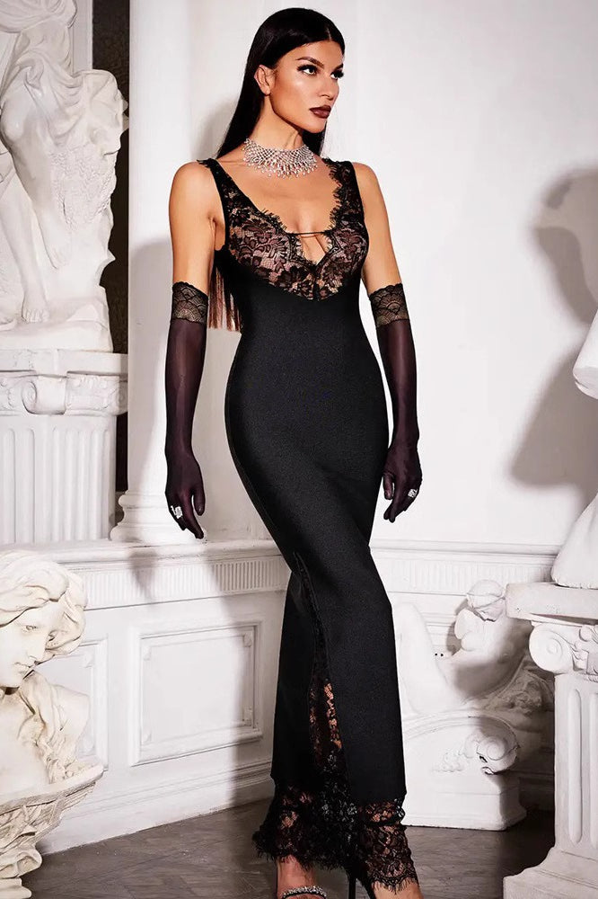 V-Neck Lace Panel Bodycon Mini Lace Dress