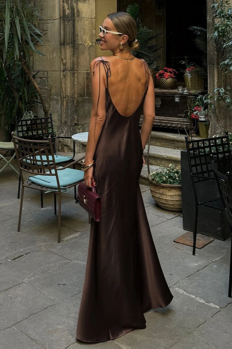 Clacive Fashion Loose Brown Satin Maxi Dress 4