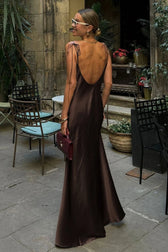 Clacive Fashion Loose Brown Satin Maxi Dress 4
