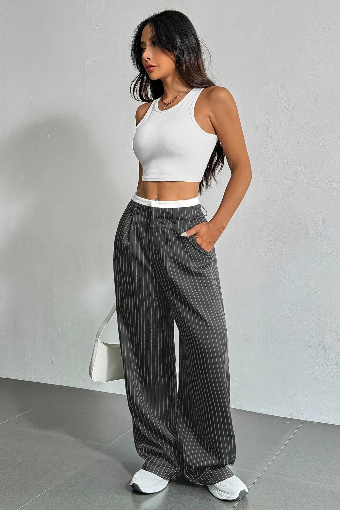 Pinstripe Contrast Waistband Pleated Wide Leg Trousers 12