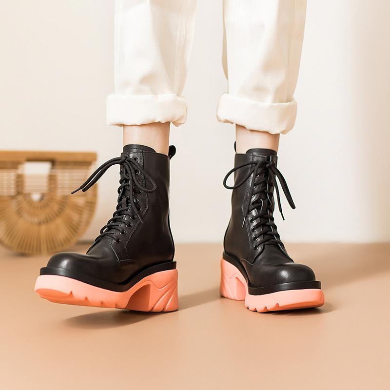 Colorful Sole Leather Boots Designer Retro Chunky Riding Boots High Heel Handmade