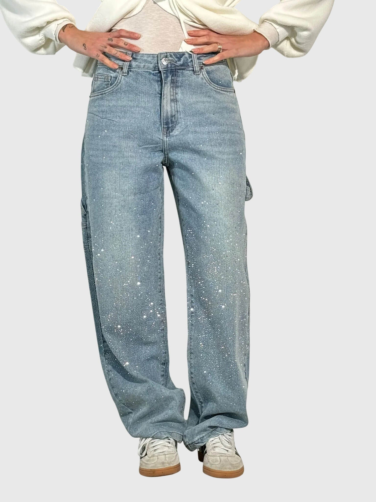 Rhinestone Embellished Wide Leg Cargo Jeans