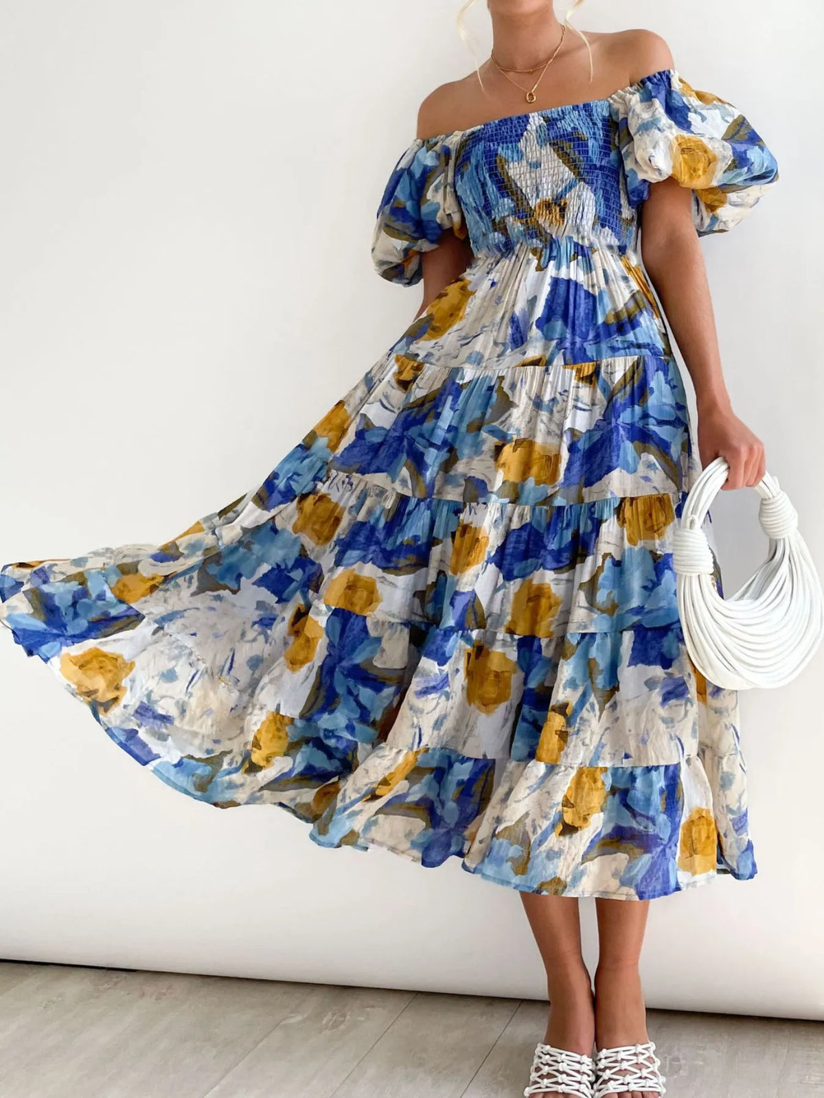 Floral Off Shoulder Smocked Puff Sleeve Tiered Maxi Dress 11