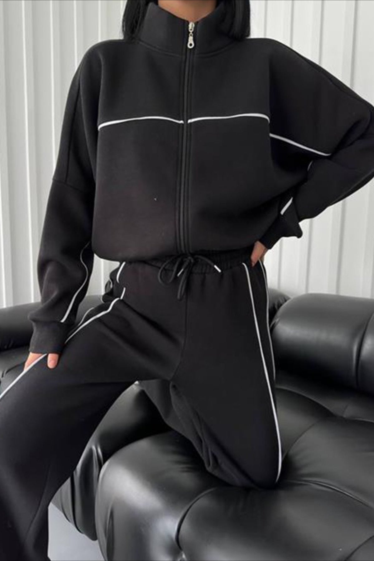 Stand Collar Contrast Piping Zip Jacket and Drawstring Wide Leg Pants Two Piece Set 6