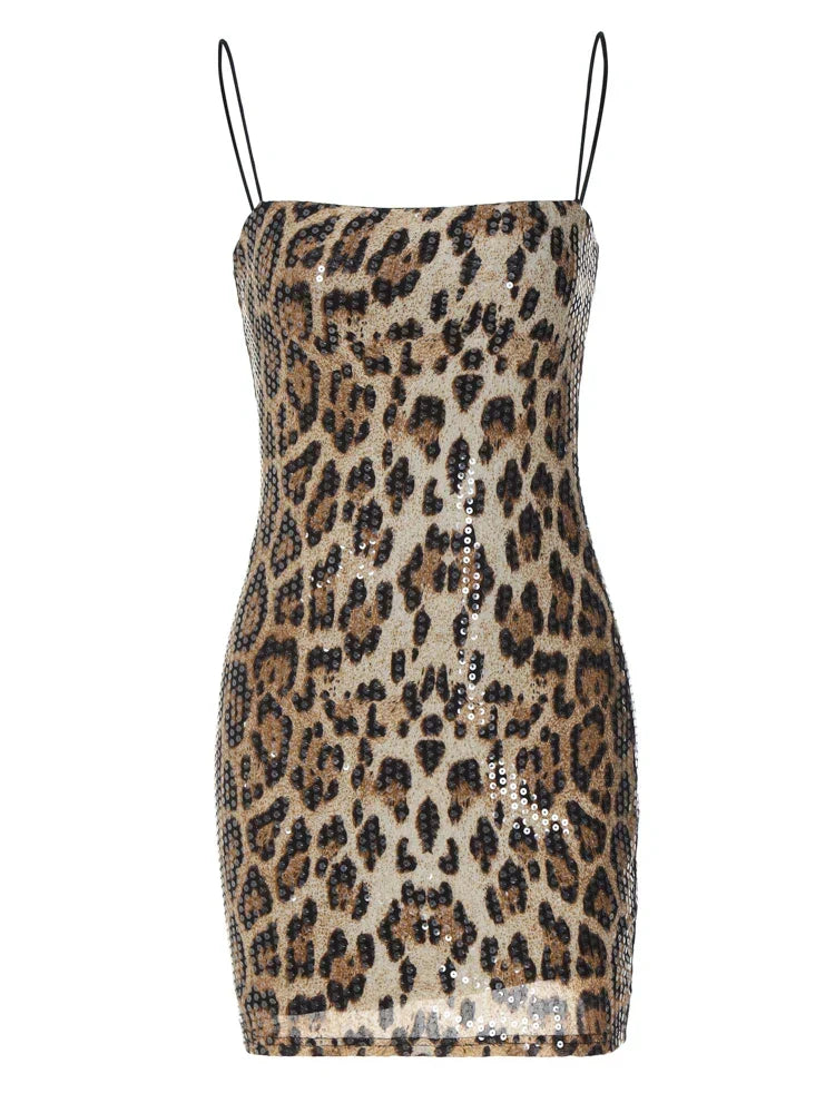 Leopard Print Sequin Straight Neck Bodycon Mini Dress 6