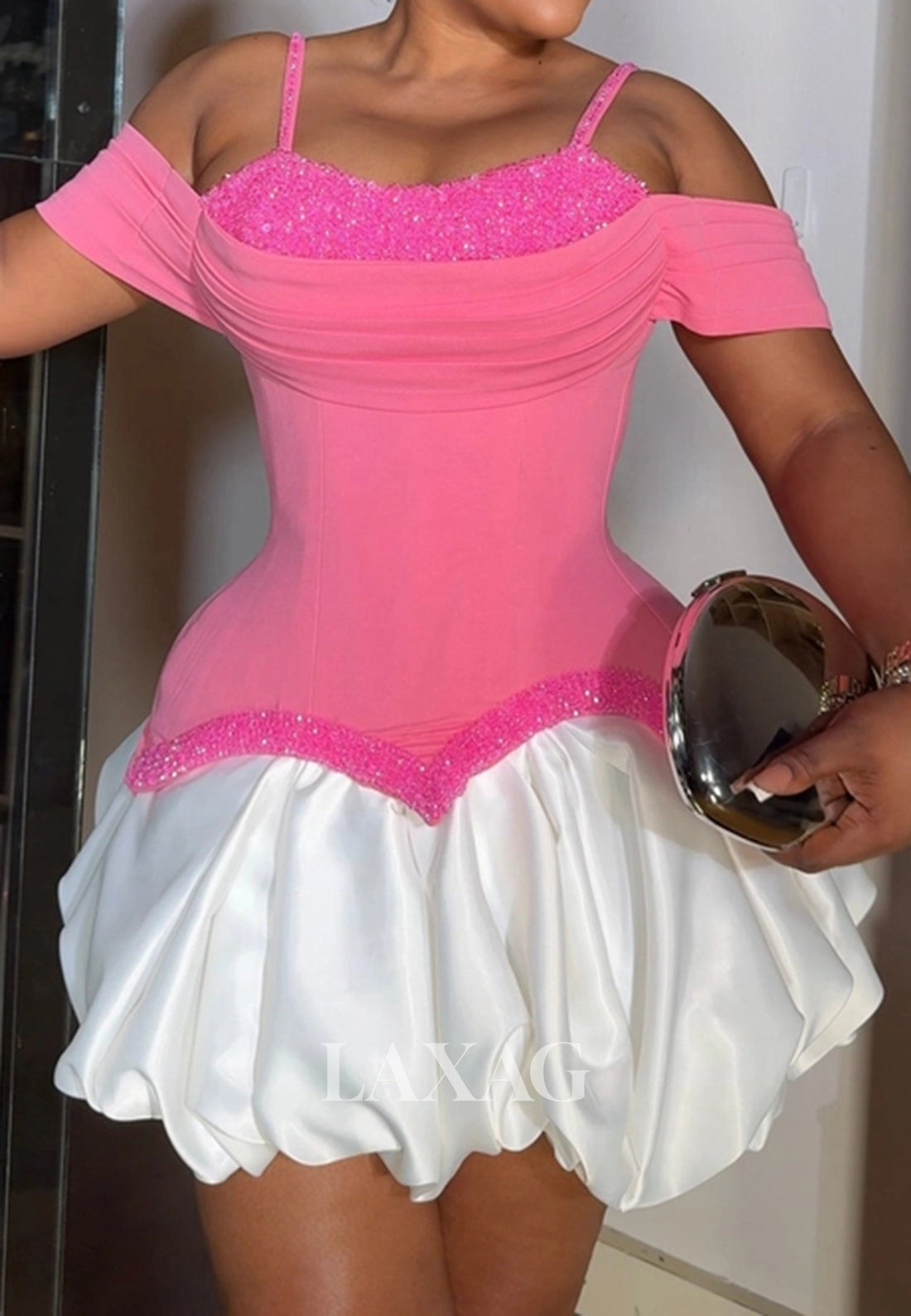 Sweetheart Spaghetti Straps Two Tone Beaded Pleated Satin A-Line Party Homecoming Dress