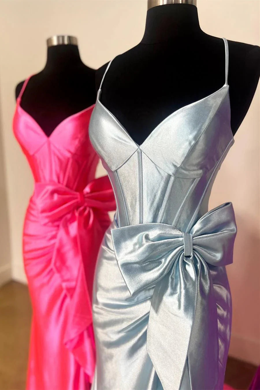 Lovely Pink Mermaid Lace Up Long Satin Prom Dress with Bowknot and Slit