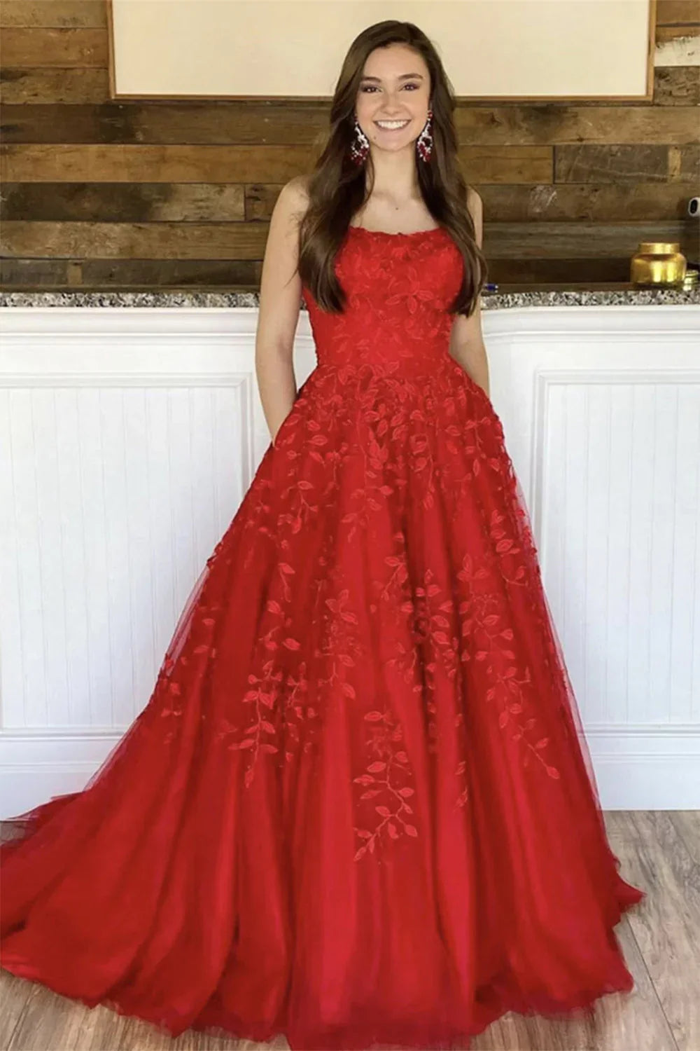 Princess A Line Spaghetti Straps Light Champagne Long Prom Dress with Appliques