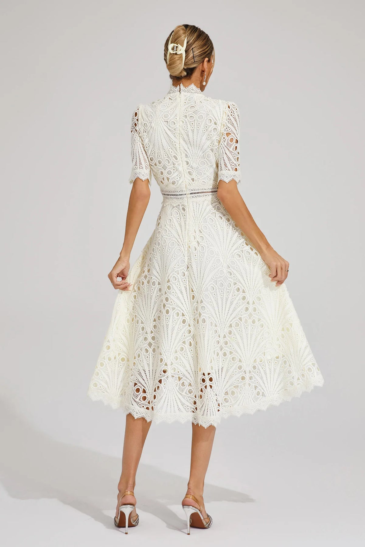 Eyelet Lace Mock Neck Short Puff Sleeve A-Line Midi Dress 13