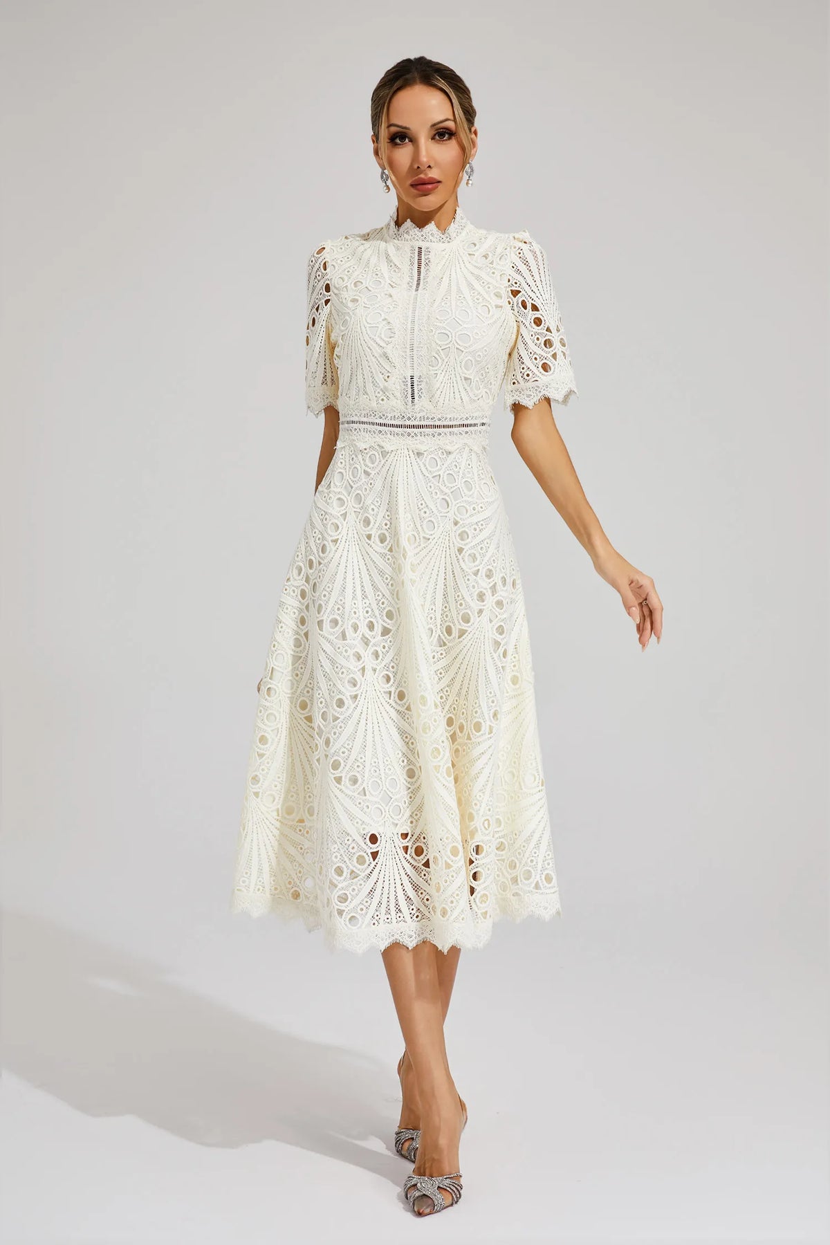 Eyelet Lace Mock Neck Short Puff Sleeve A-Line Midi Dress 9