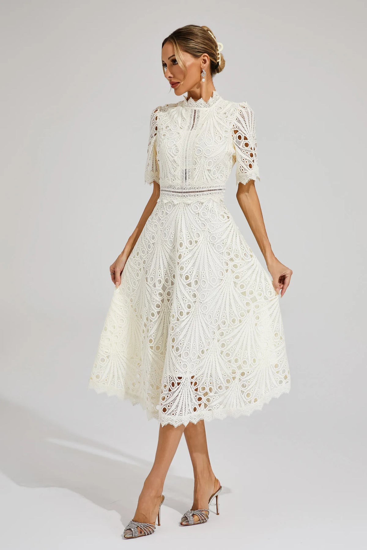 Eyelet Lace Mock Neck Short Puff Sleeve A-Line Midi Dress