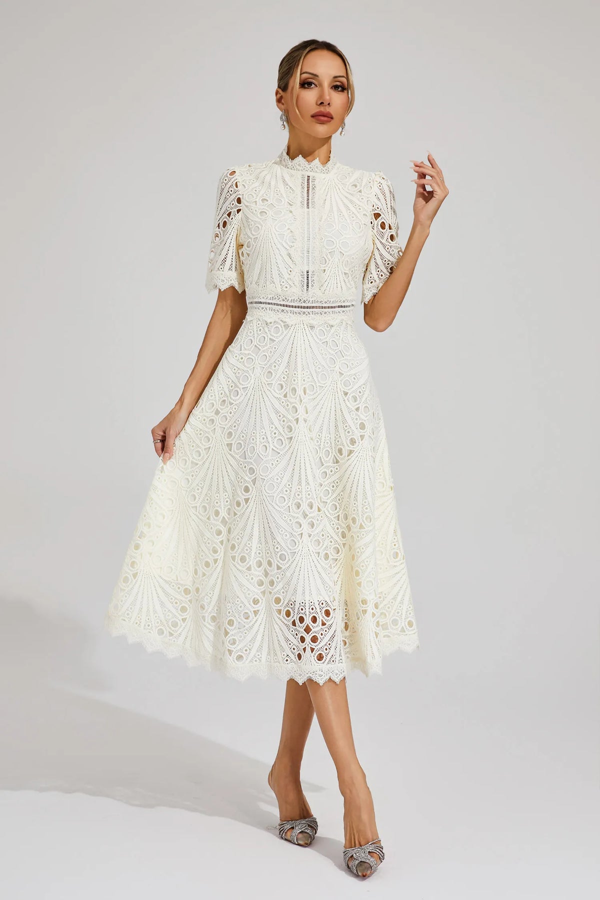 Eyelet Lace Mock Neck Short Puff Sleeve A-Line Midi Dress 11