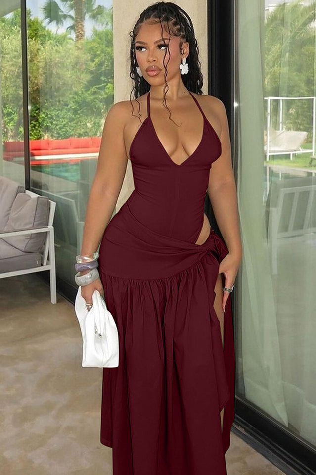 Halter Deep V-Neck Backless High Split Maxi Dress 29