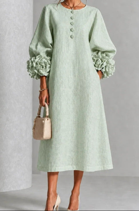 Round Neck 3D Floral Cuff Button Front Midi Dress
