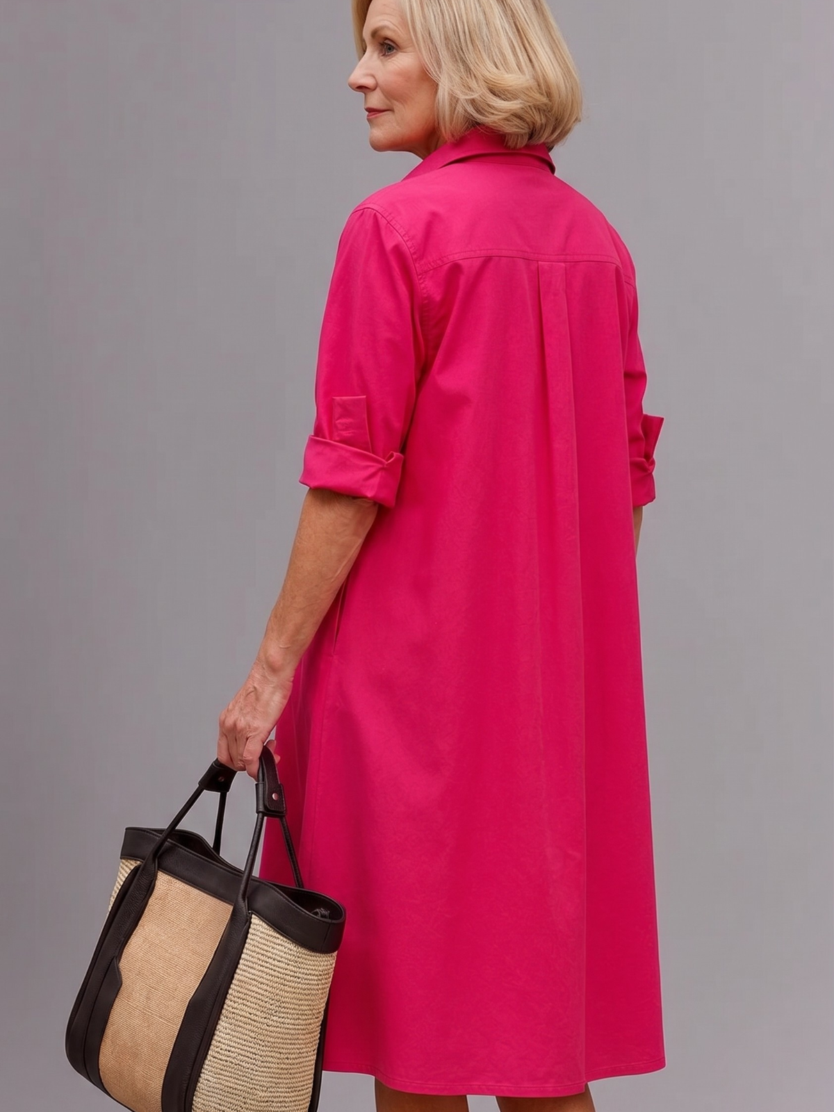 Collared Half Placket Roll Sleeve A-Line Midi Shirt Dress