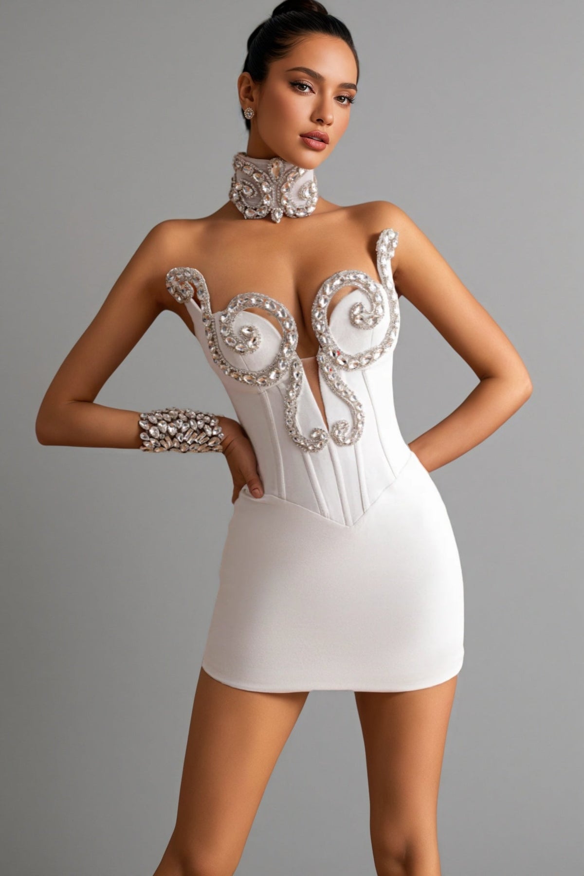 Rhinestone Swirl Strapless Corset Bodycon Mini Dress with Choker