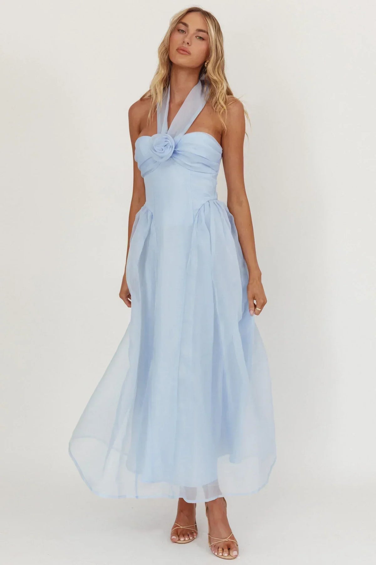 Organza Halter Rosette Sweetheart Neck A-Line Midi Dress 4