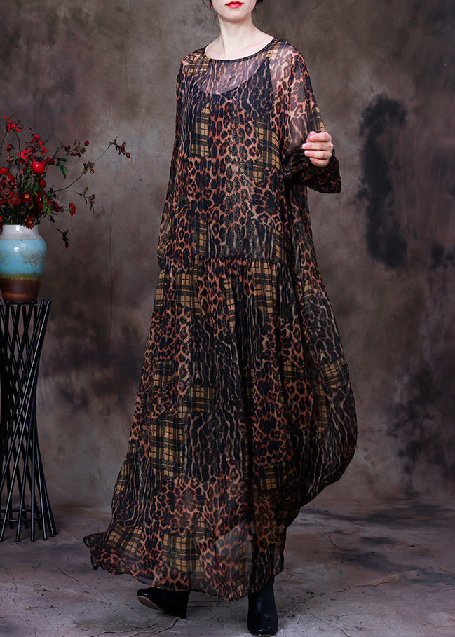 Sheer Leopard Plaid Patchwork Long Sleeve Balloon Sleeve Maxi Dress