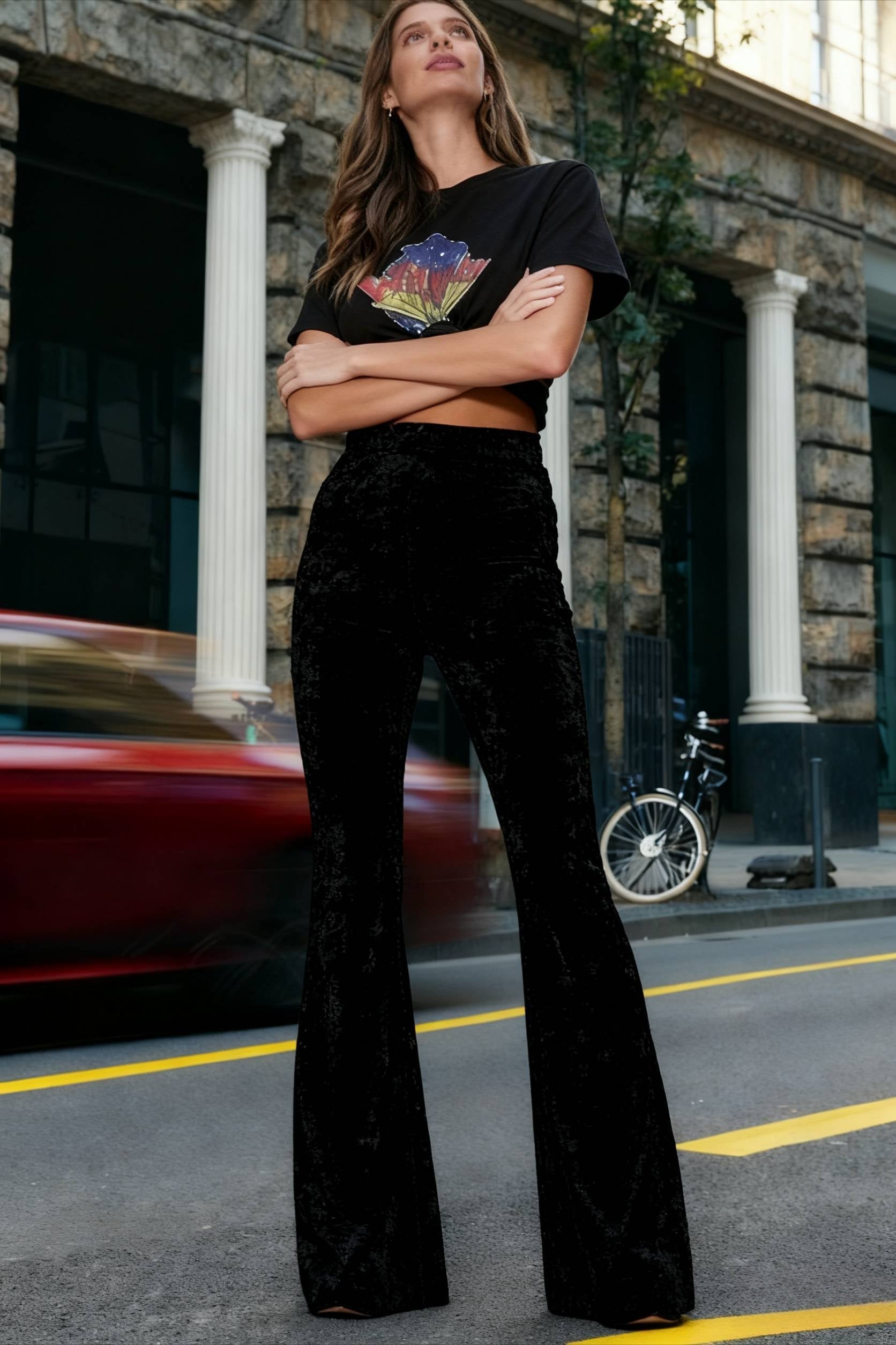 High Waist Velvet Wide Leg Velour Flare Pants