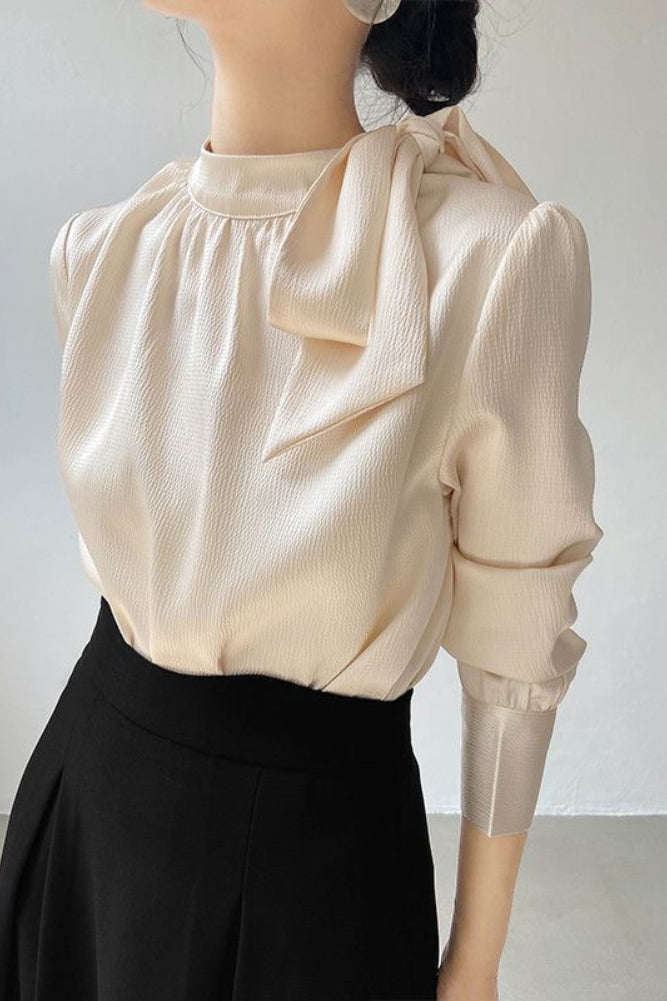 Bow Tie Front Soft Workwear Slim Long Sleeve Blouse