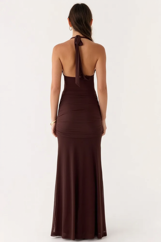 Deep V Halter Backless Sash Bodycon Party Dress