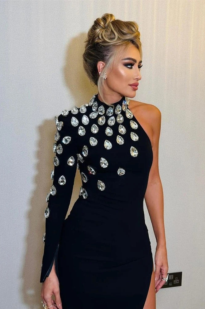 Rhinestone One Shoulder Long Sleeve Slit Bandage Cocktail Dress - View 4