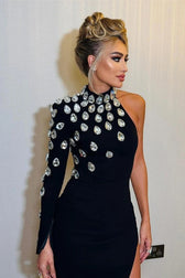 Rhinestone One Shoulder Long Sleeve Slit Bandage Cocktail Dress - View 4
