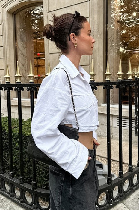 Collared Flap Pocket Cropped Long Sleeve Button Front Shirt 3