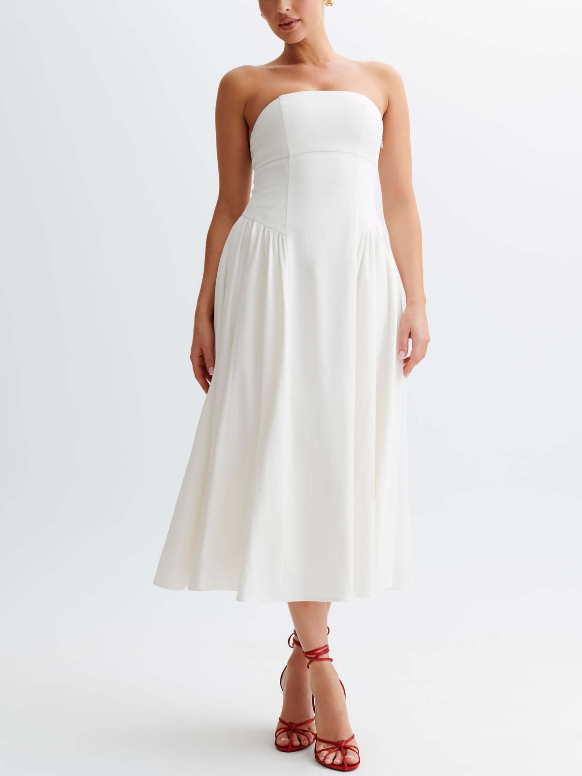Strapless Drop Waist Gathered Fit and Flare Midi Dress 2