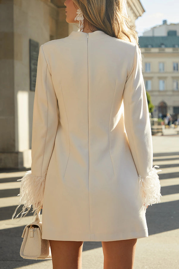 Mock Neck Long Sleeve Feather Cuff Shift Mini Dress 3