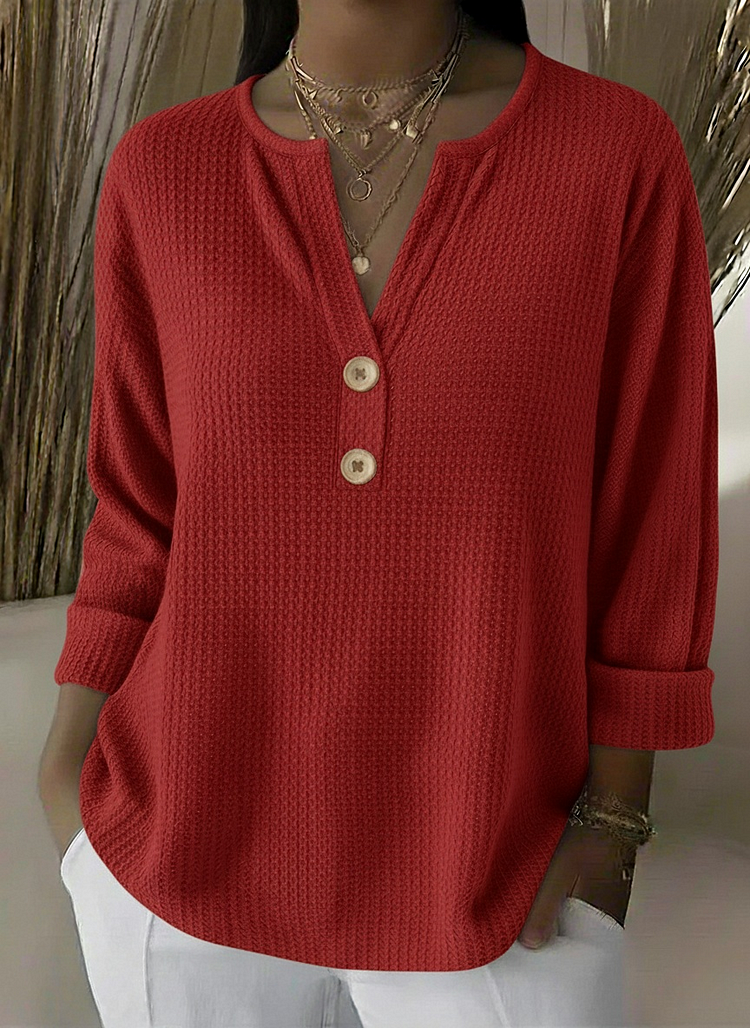Notch Neck Waffle Knit Button Henley Top