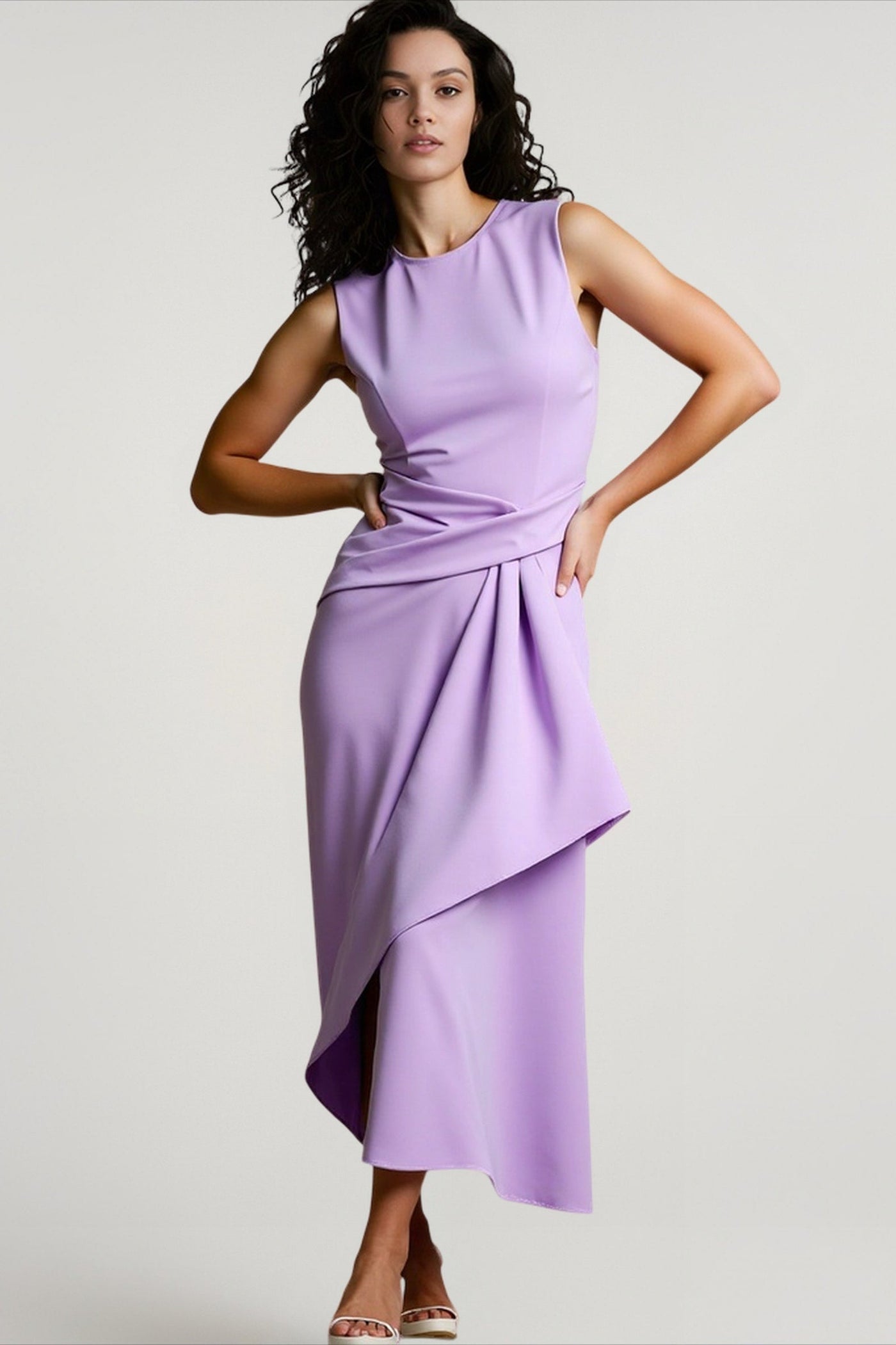 Solid Waisted Sleeveless Asymmetrical Long Work Dress