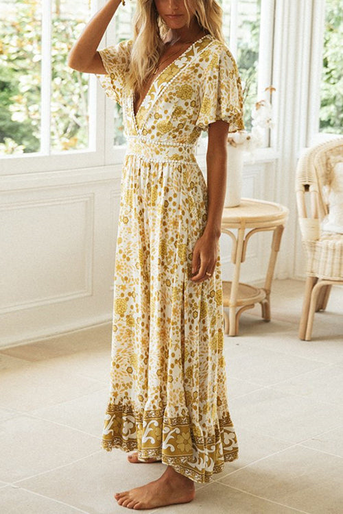 Floral Print Deep V-Neck Pom Pom Trim Flutter Sleeve Ruffle Hem Maxi Dress