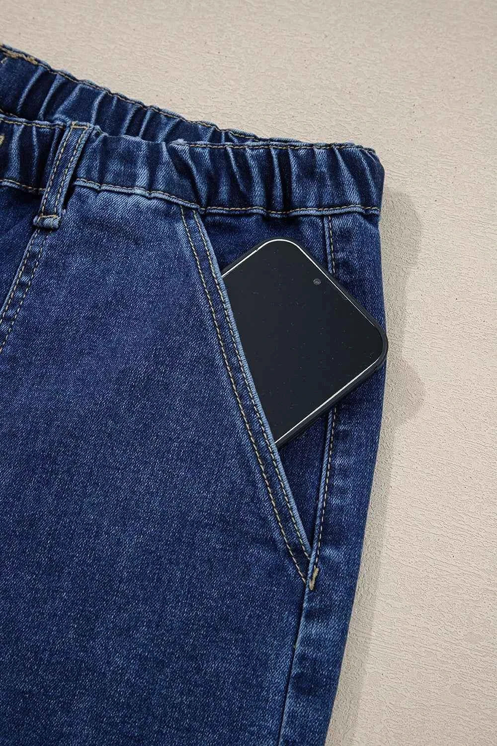 Drawstring Seam Detail Raw Hem Wide Leg Denim Pants