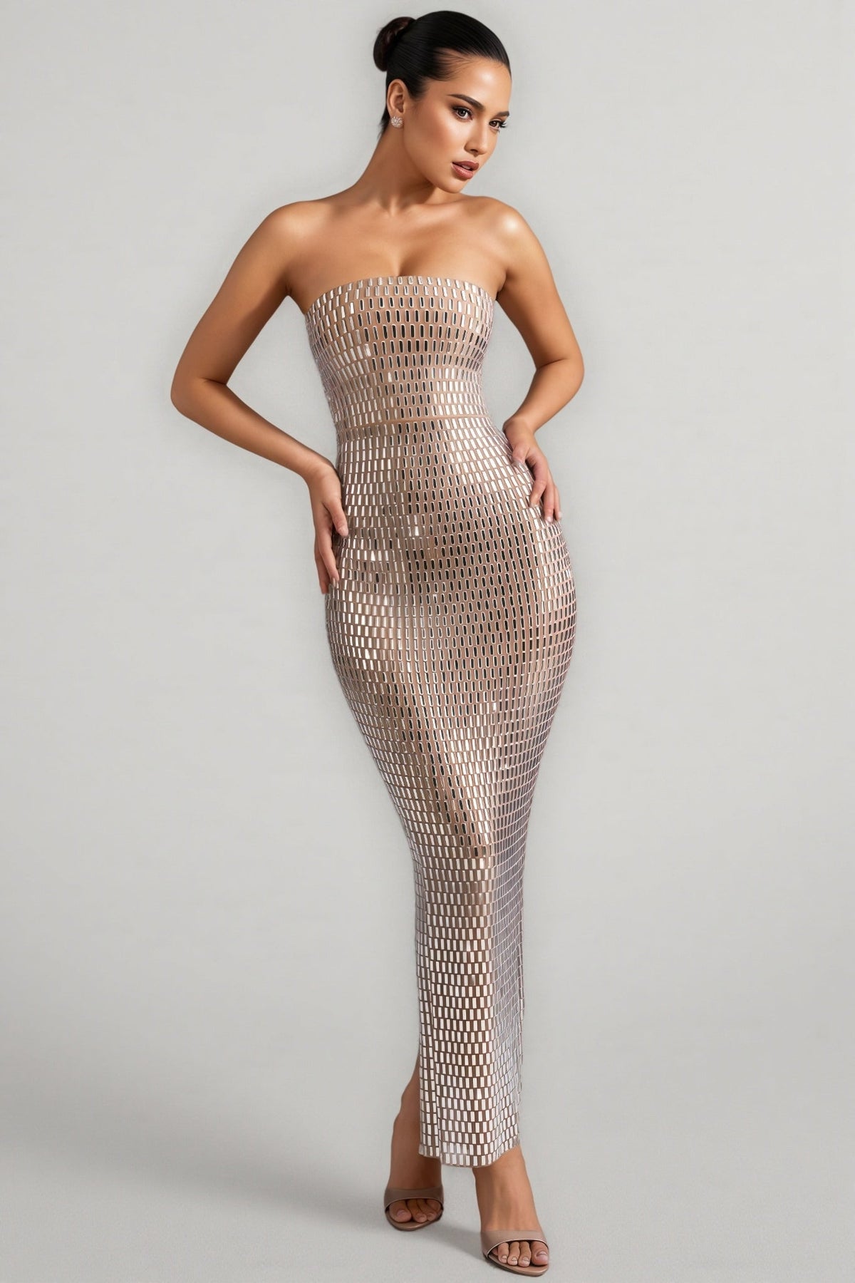 Strapless Rhinestone Embellished Mesh Bodycon Maxi Dress