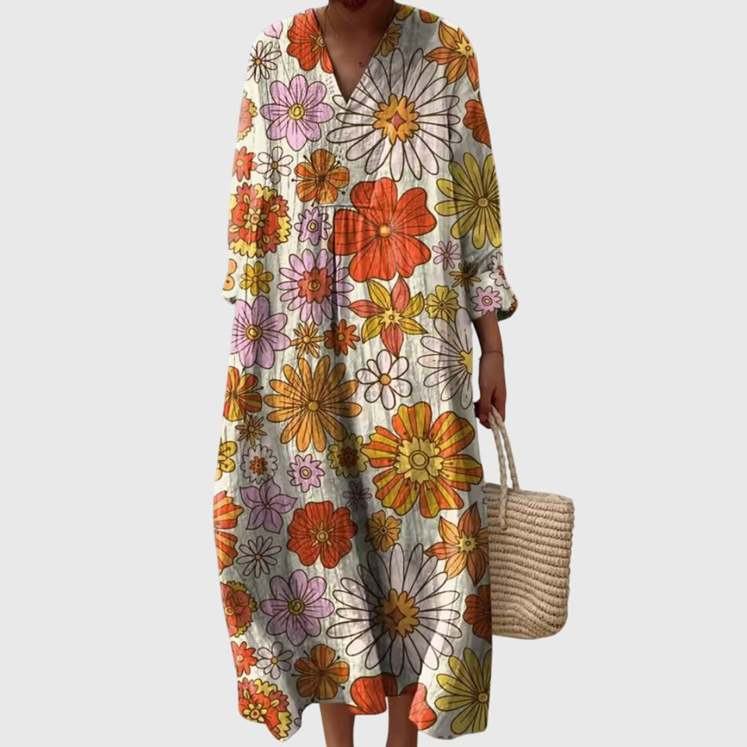 V-Neck Long Sleeve Striped Patchwork Maxi Dress