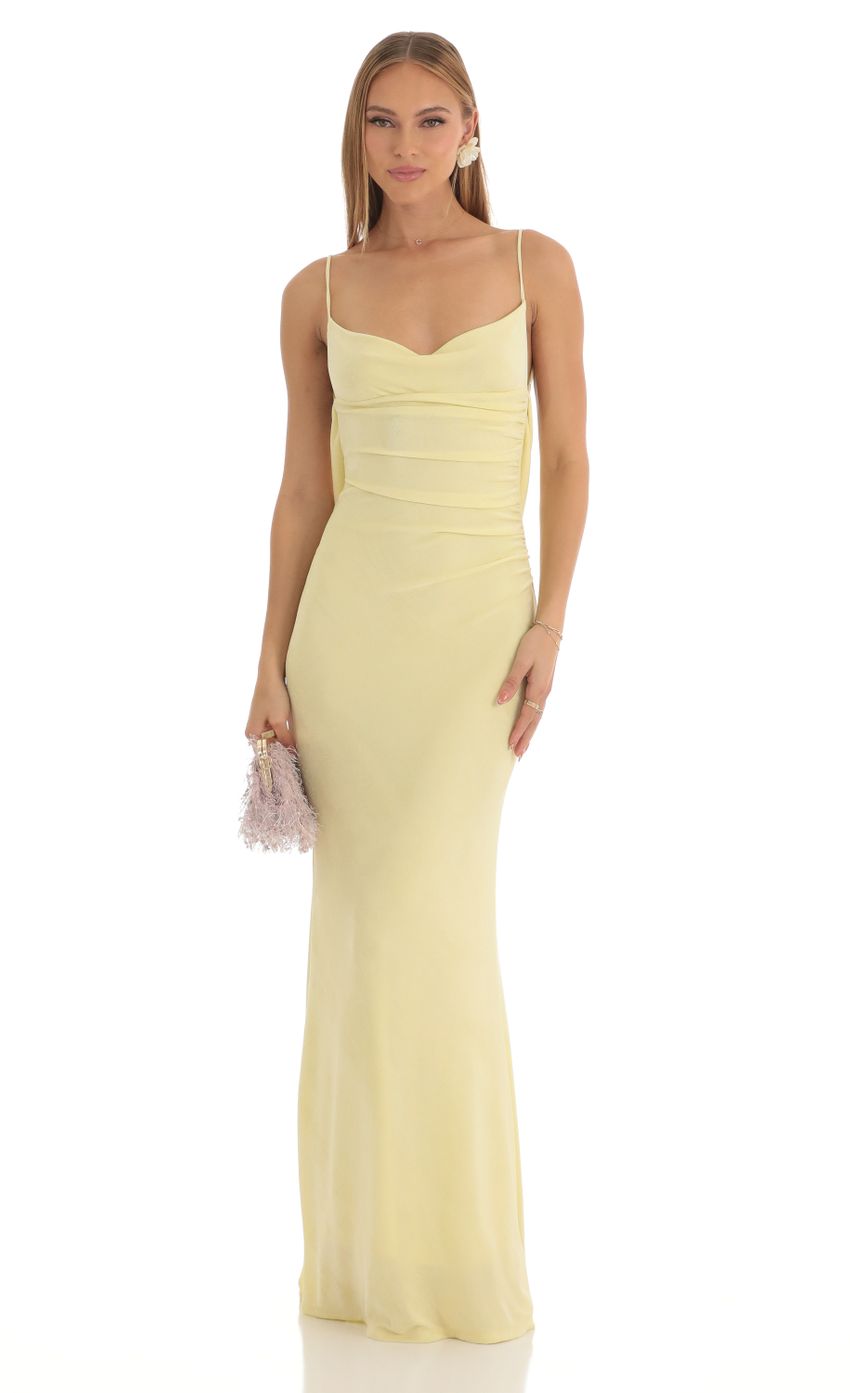 Cowl Neck Ruched Open Back Mesh Bodycon Maxi Dress