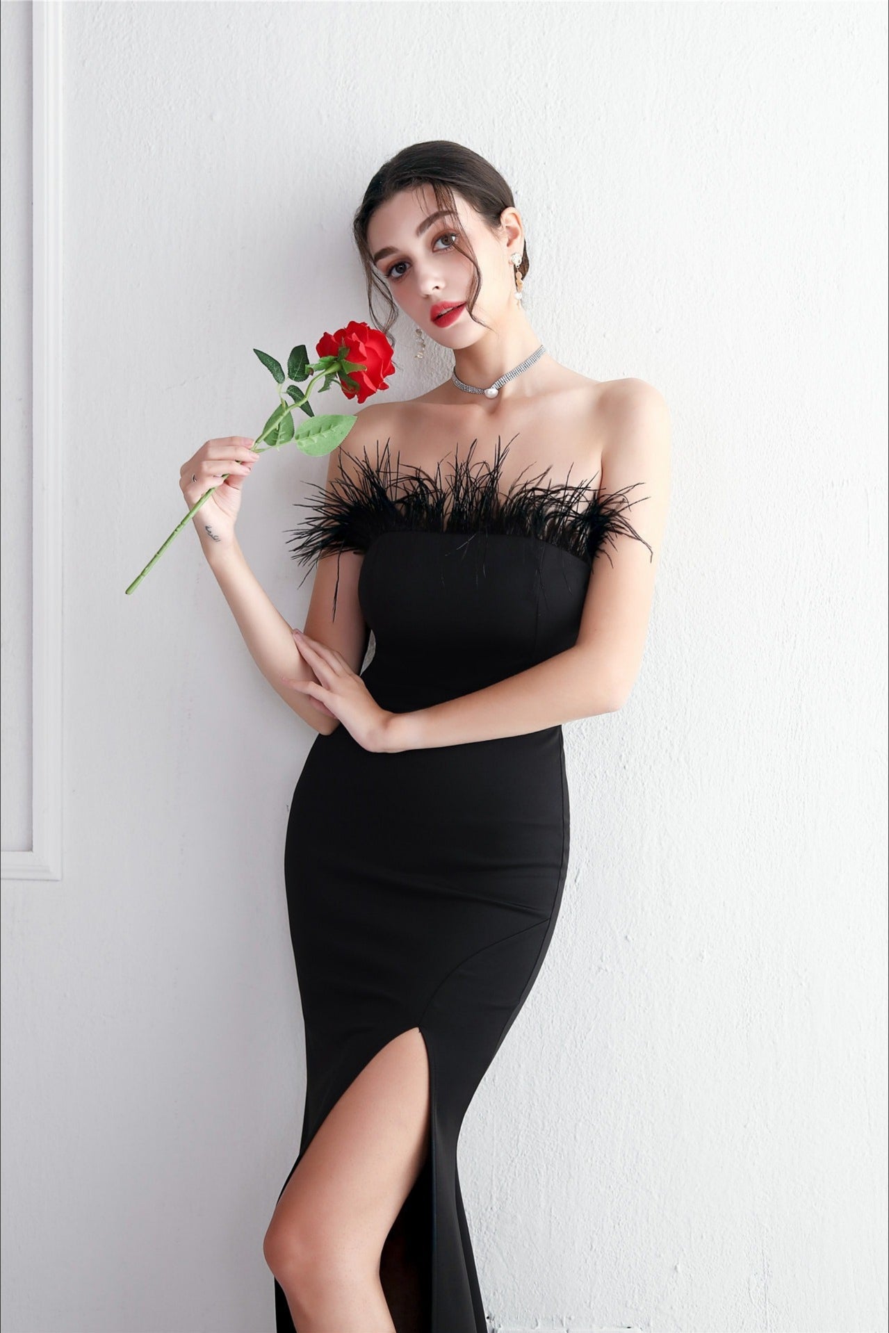 Feather Trim Strapless High Split Mermaid Gown