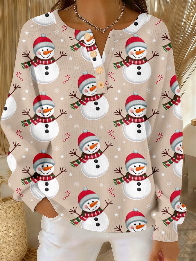 Snowman Print Henley Button Long Sleeve Sweatshirt