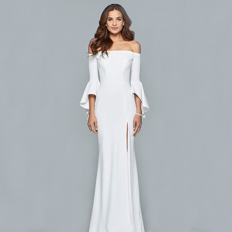 Women Clothes Hot-Selling Big Bell Sleeve Evening Dress Sexy off-Neck Split Dress