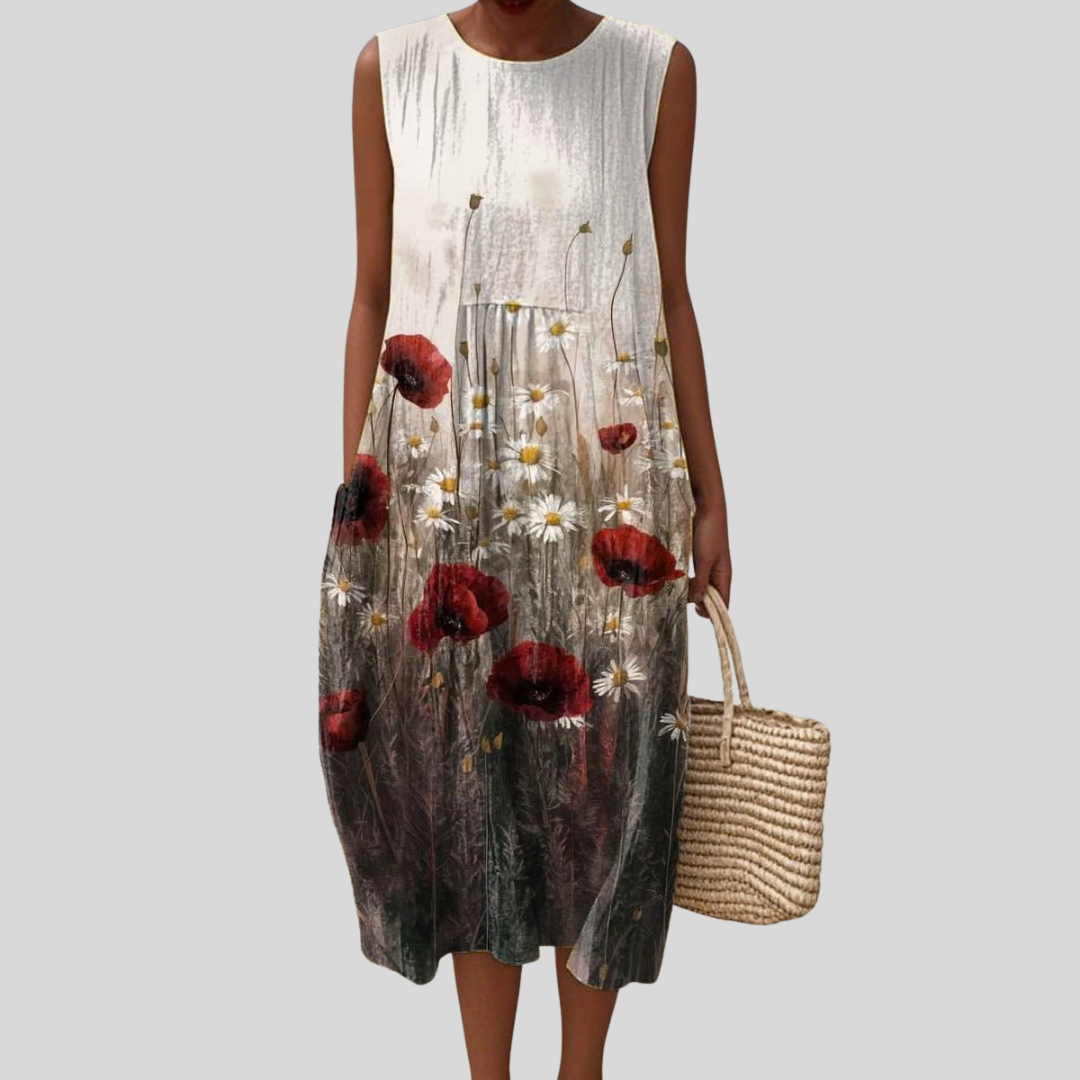 Round Neck Sleeveless Poppy Floral Print Midi Dress