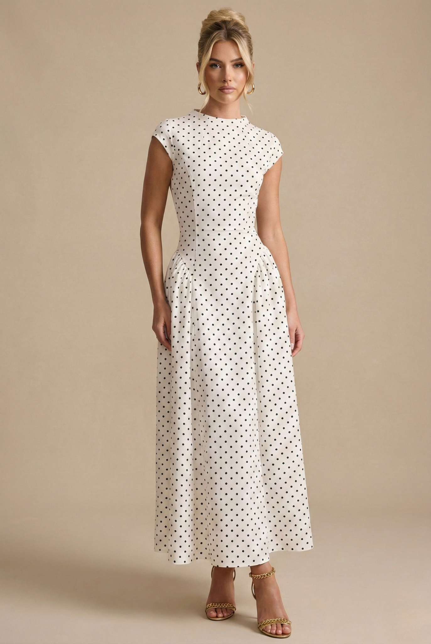 Polka Dot High Neck Cap Sleeve A-Line Maxi Dress