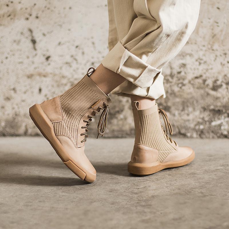 Matte Leather Combat Boots Lace Up Boots Short Plush Lined Or Leather For Choice Brown/Black /Beige