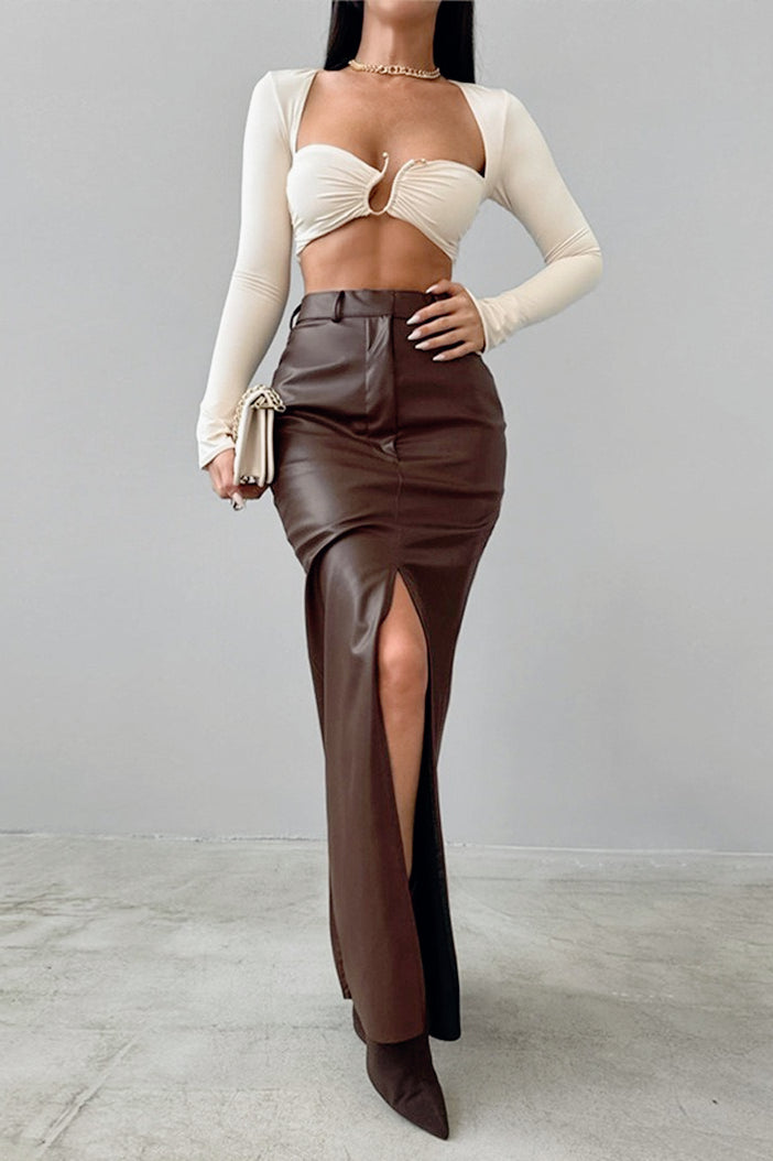 Solid Leather High Waist Slit Skirt