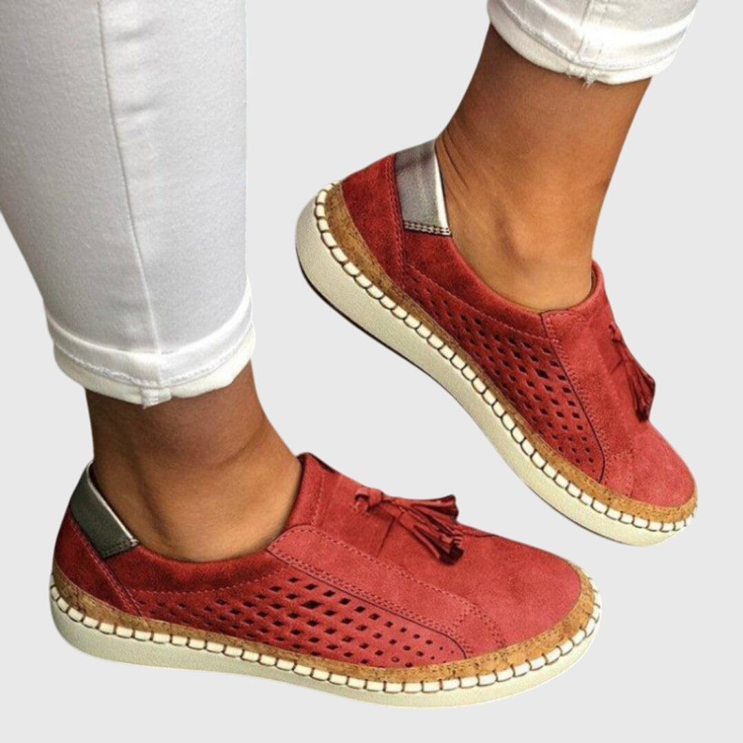 Perforated Cut Out Tassel Suede Look Slip On Sneakers
