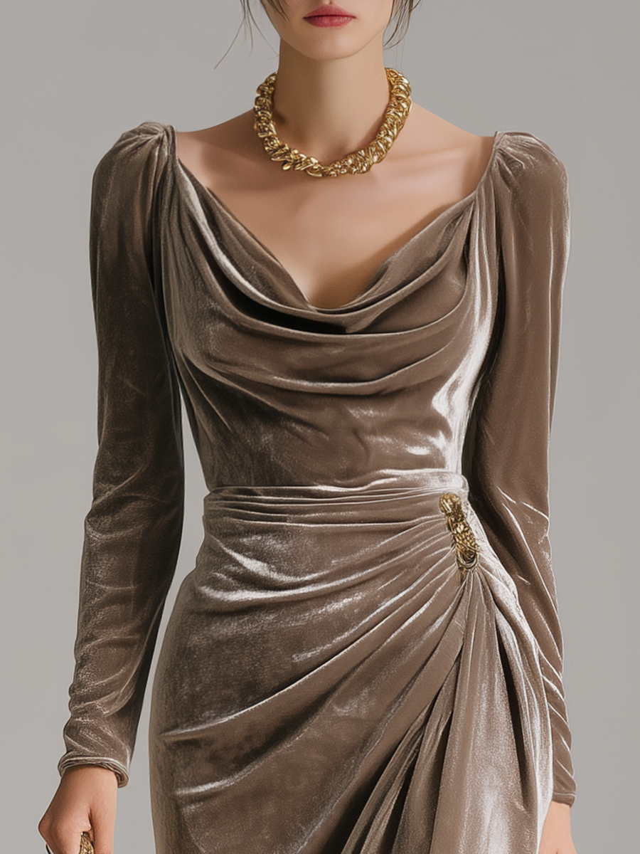 Velvet Cowl Neck Long Sleeve Ruched High Split Midi Dress 5