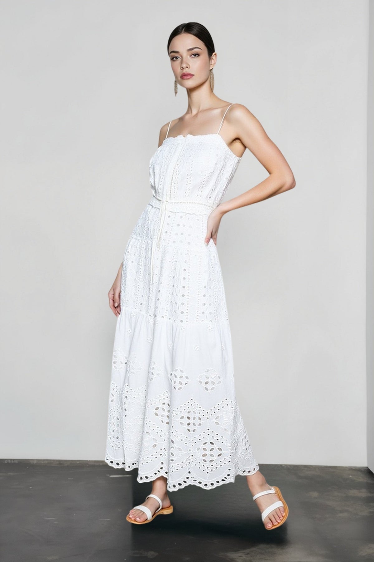 Eyelet Embroidered Spaghetti Strap Tie Waist Tiered Maxi Dress
