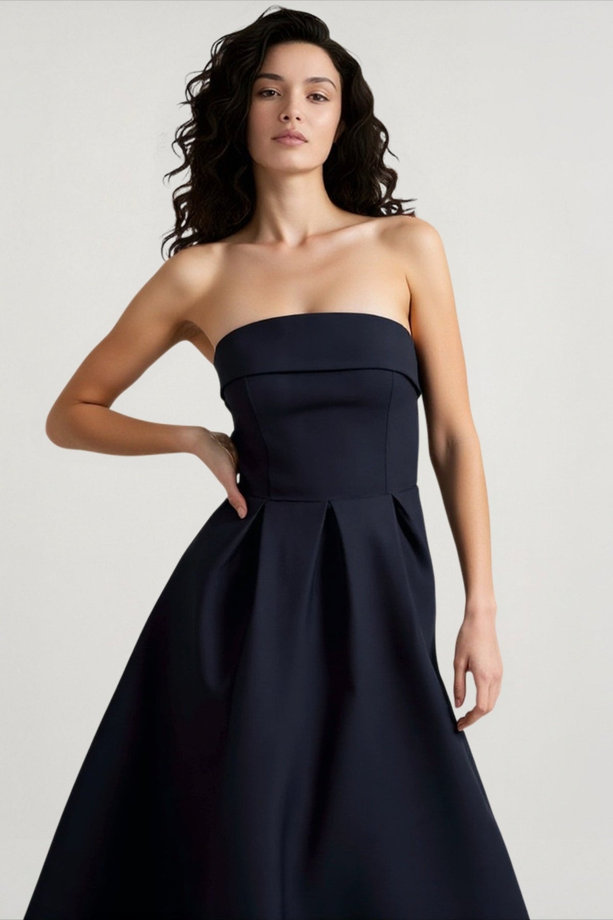 Strapless Fold Over Bandeau Pleated Fit and Flare Party Dress